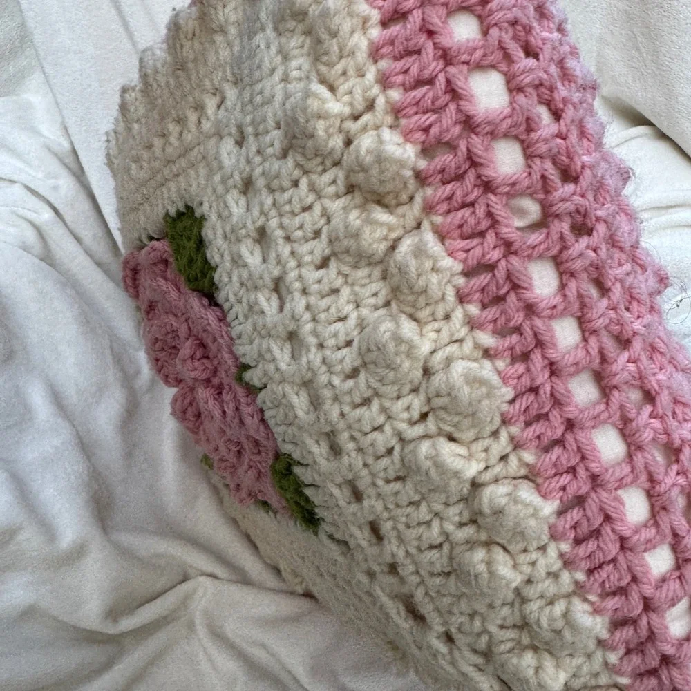 Handmade Crochet Rose Throw Pillow 15x15 Pink Cream Vintage Cottage 3D Floral